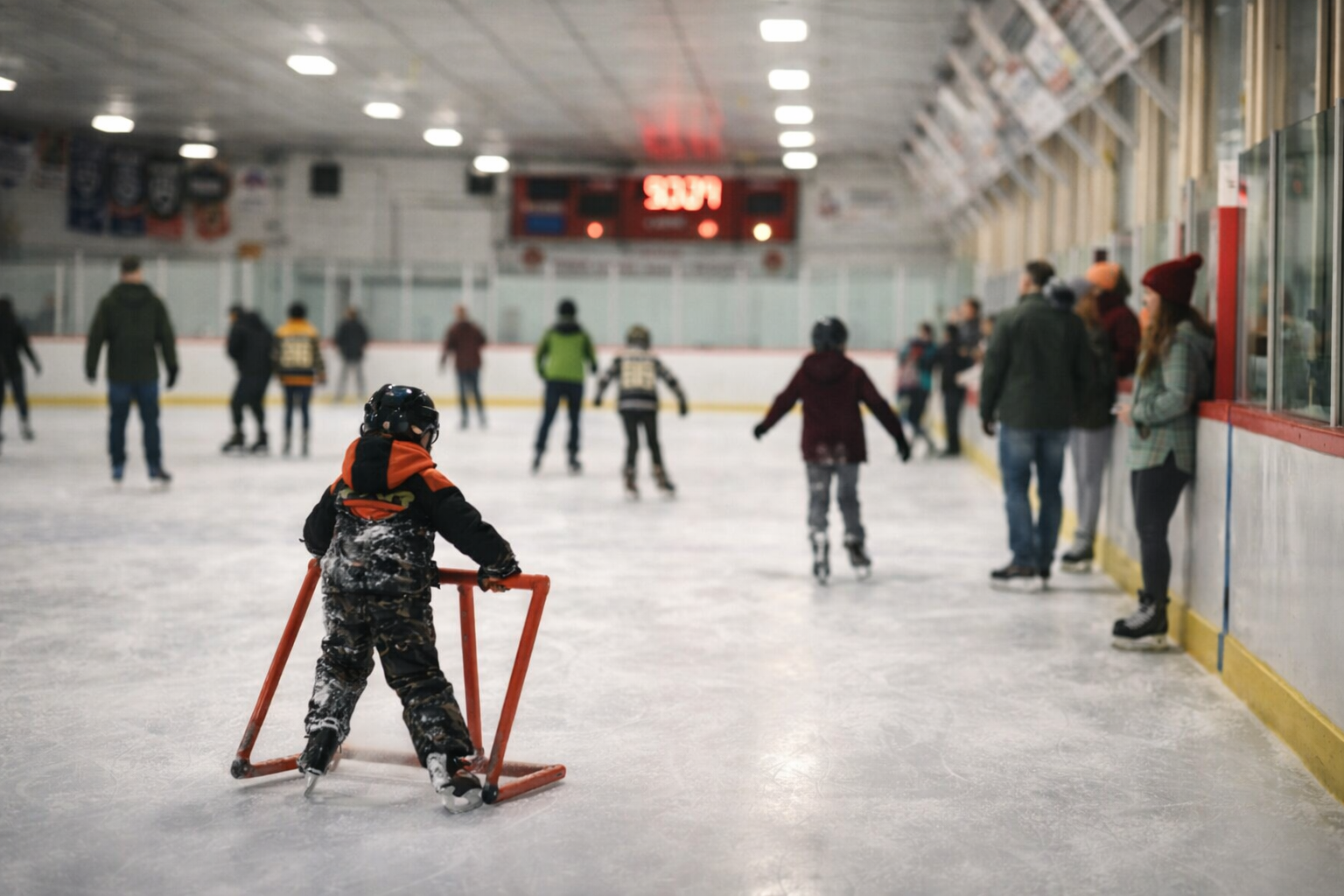 Young child learning to skate at TCCC with skating aid