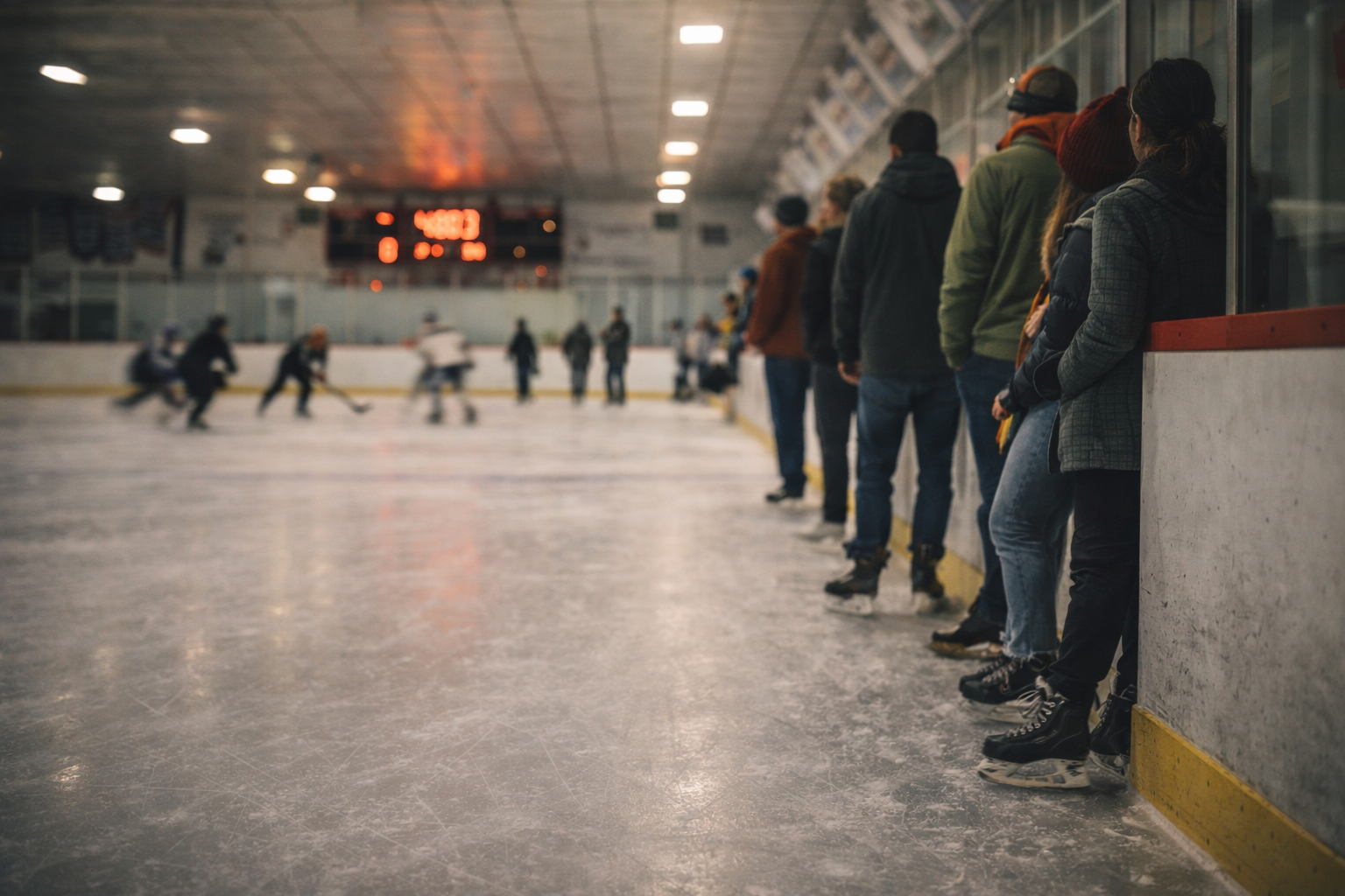 Families watching hockey practice at the community rink